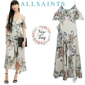 All Saints Blue and Cream Asymmetrical Dress with Flutter Sleeves